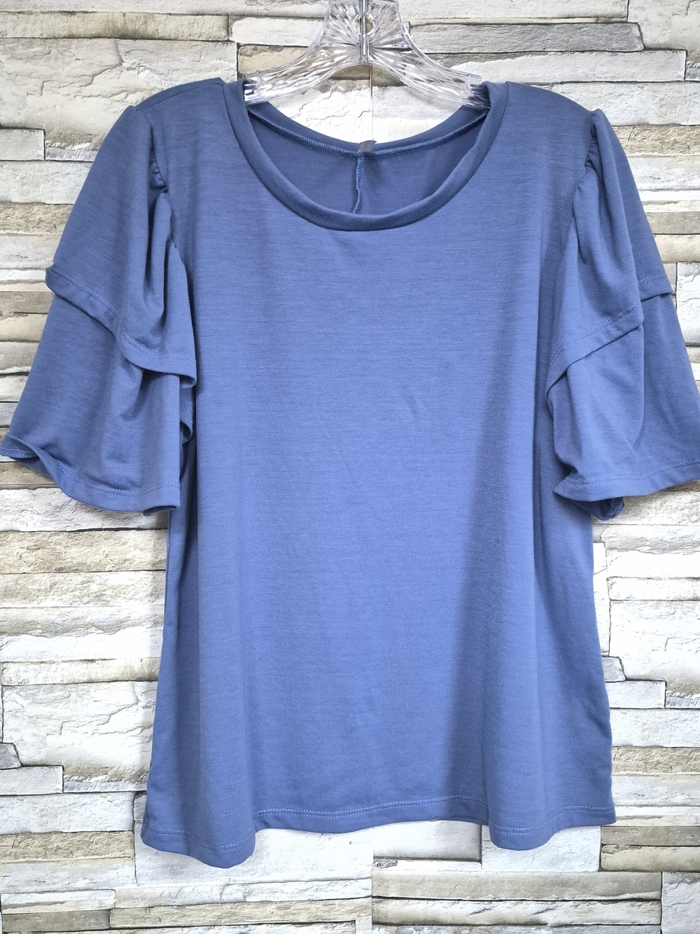 Acting Pro Blouse Women's Size XL Blue Ruffle Sleeve Rayon Stretch Everyday Wear